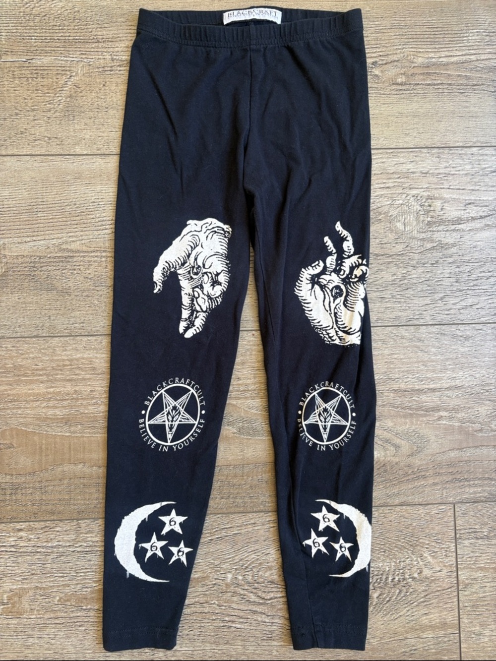 Blackcraft Cult Black Graphic Leggings w Occult Prints Hands Pentagram Moon Star